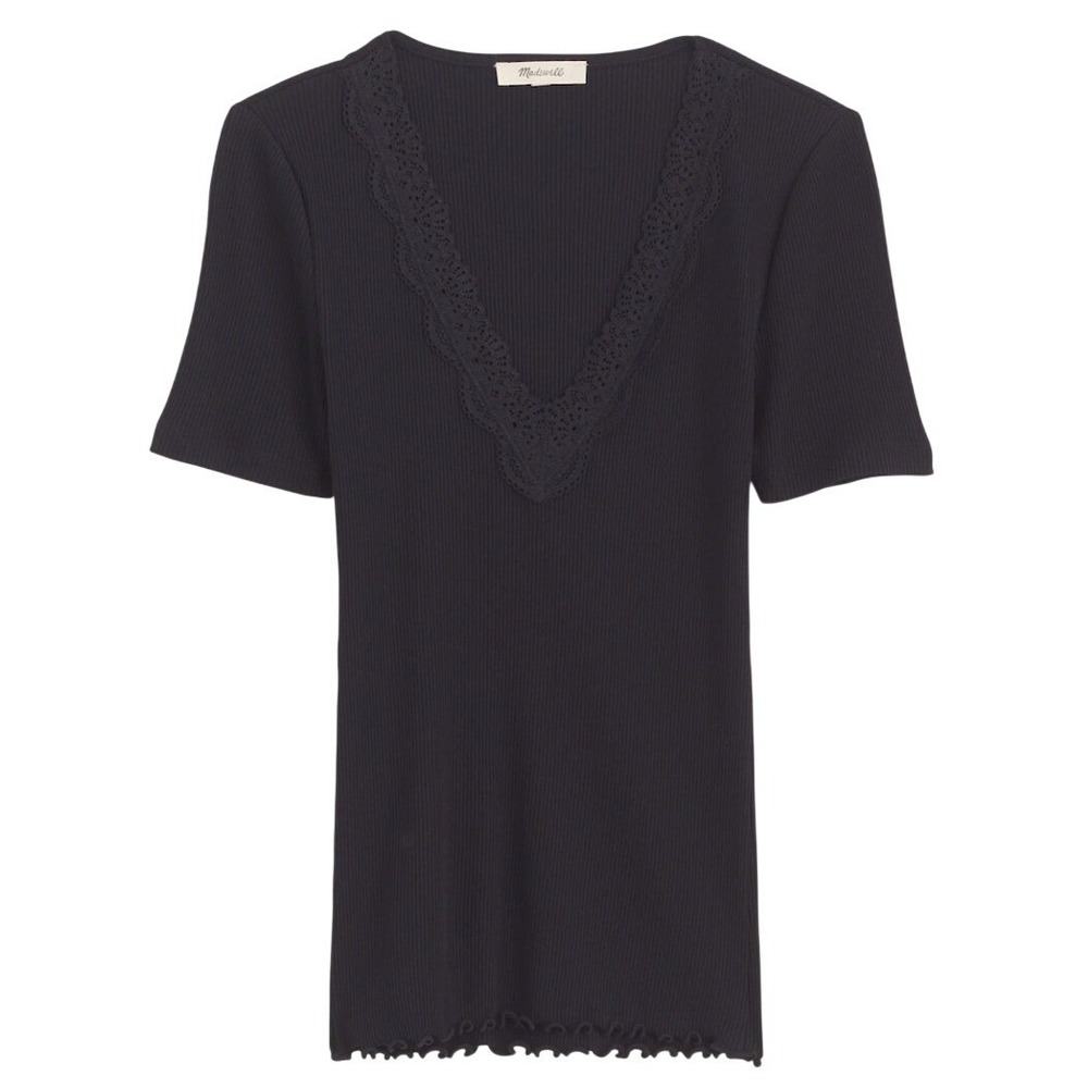 Madewell Lace-Trim V-Neck Top Womens L Black Ribbed Short Sleeve Coquette Chic